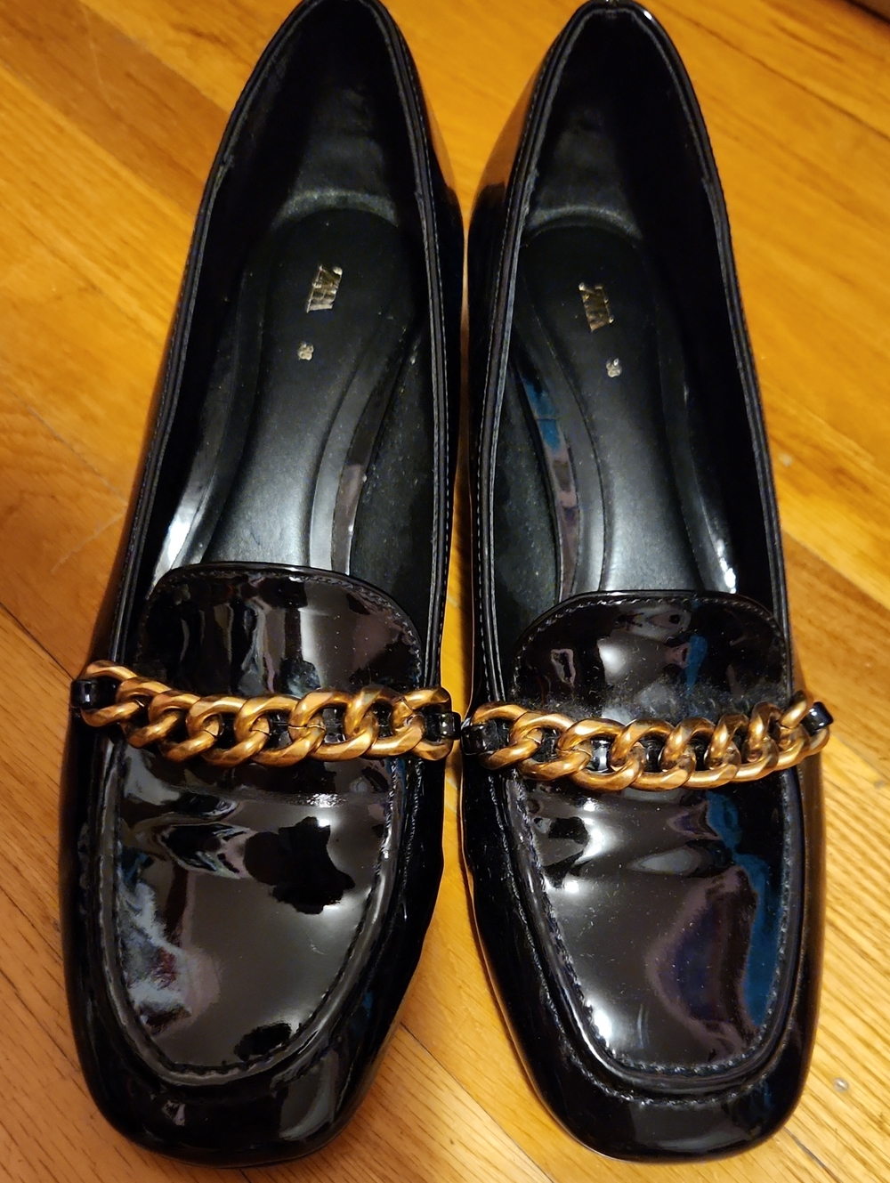 Zara Black Patent Loafers with Gold Chain Accent